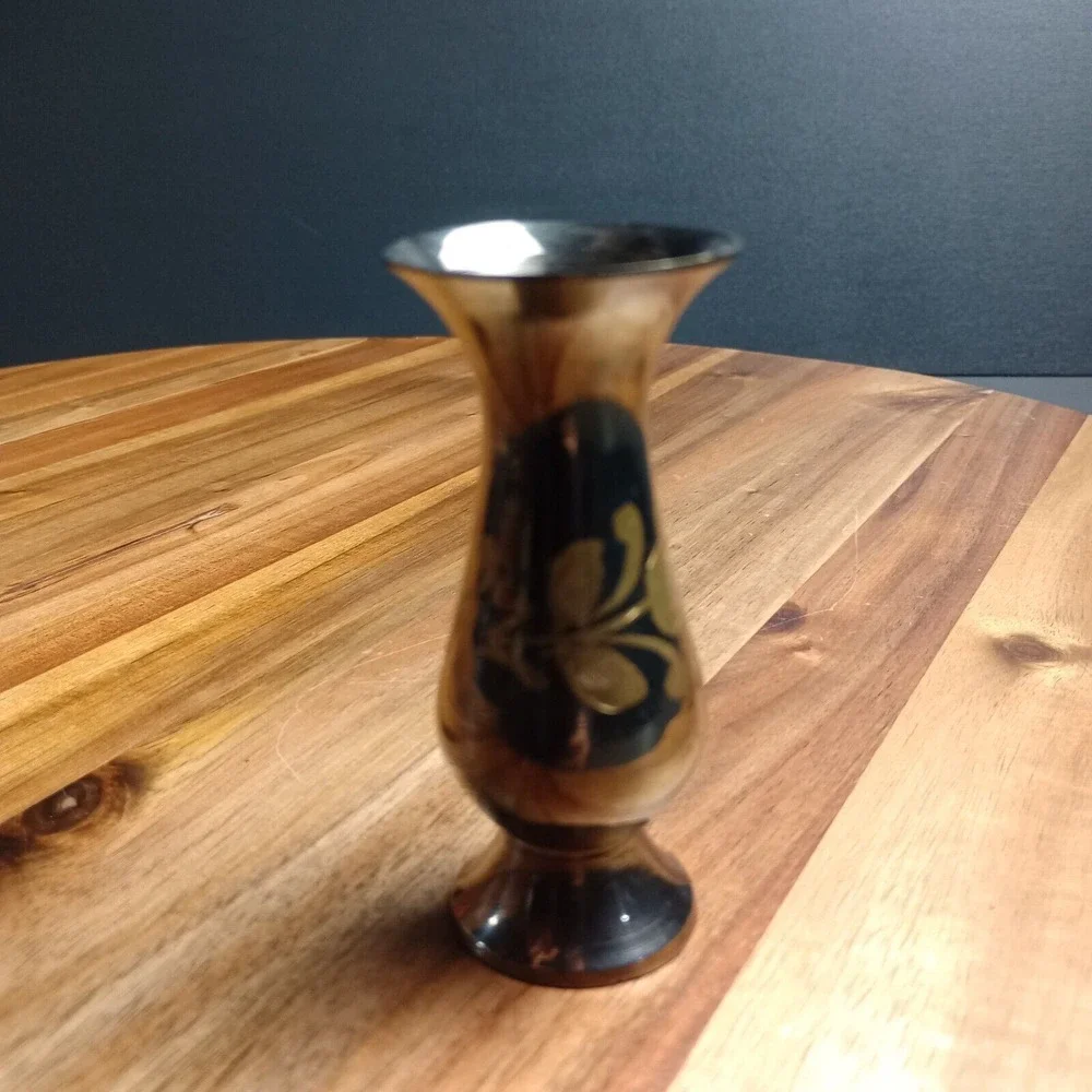 Vintage Brass Bud Vase Etched Intricate Floral‎ India 3
